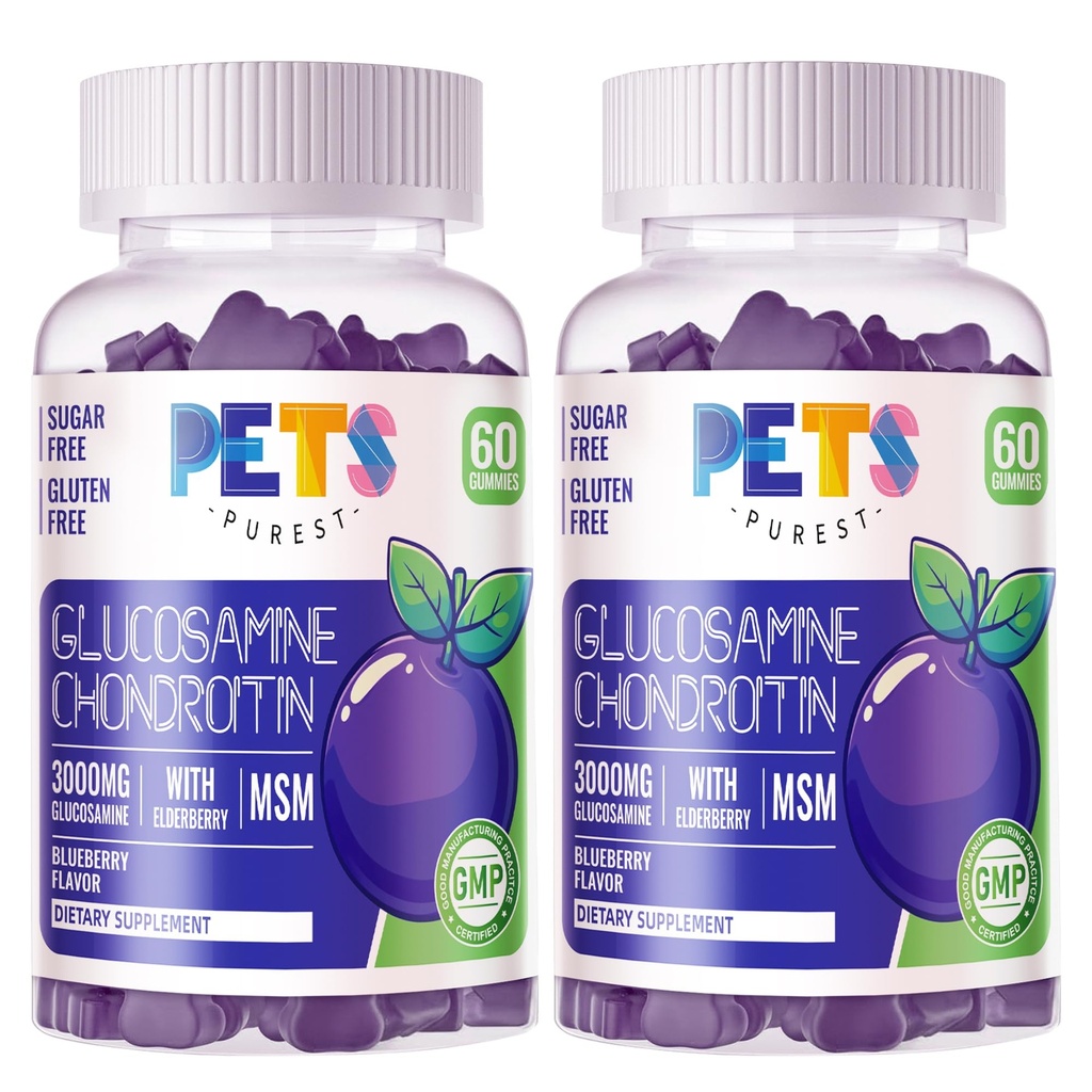 Lemmikkieläimet Puhdas Glukosamiini Chondroitin Gummies MSM & Elderberry Extra Strength - Joint Support, antioksidantti Immuuni tuki täydentää aikuisille, miehet & naiset.(2 Pack) Mustikka