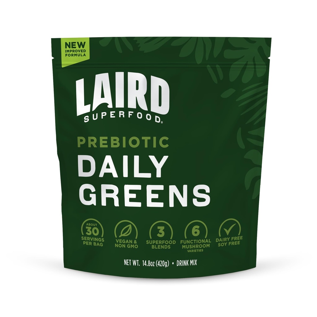 Laird Superfood Prebiotic Daily Greens Powder - Essential Vitamins & Minerals - Prebiotic Fiber, Adaptogen och Fruits & Vegetables - Stöder Gut Health - Non-GMO, Vegan - 14,8 oz Bag, Pack med 1