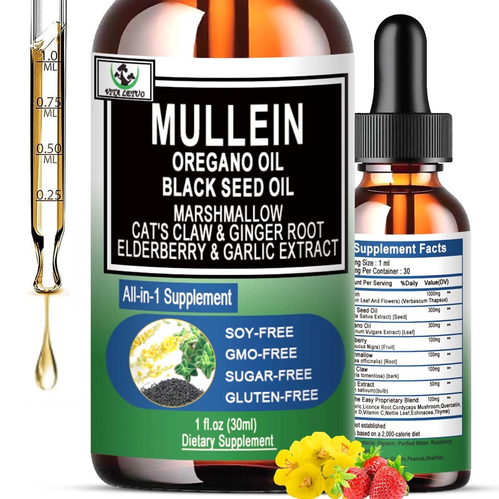 16-in-1 Organic Mullein Drops for Lungs ... Mullein Leaf Extract w/Oil of Oregano with Black Seed Oil ...