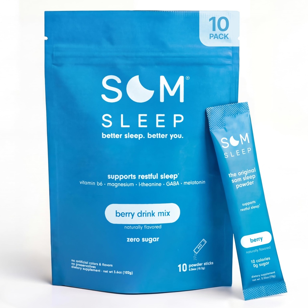 Som Sleep, Rauhallinen unijauhe Drink Mix, 3 mg Melatoniini, magnesium, B6-vitamiini, L-Theanine & GABA Vegan, Zero Sugar, Keto Friendly Marja, 10- pakkaus