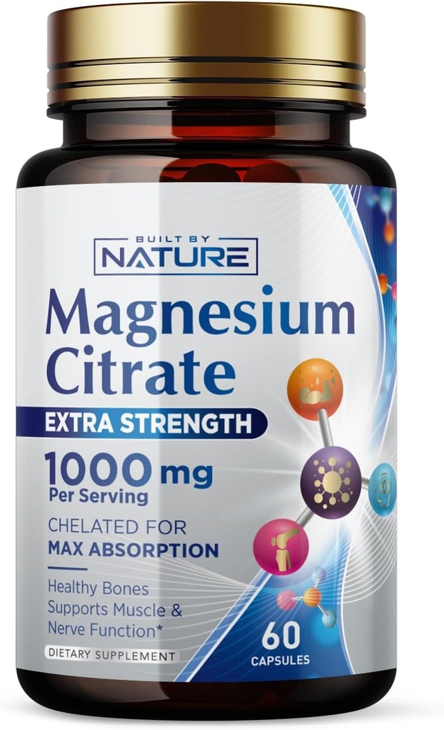 Magnesium Citrate 1000mg - Max Absorption & High Potency Magnesium Complex Supplement för hjärta, muskel, nerv, benhälsa och stressavlastning - Icke-GMO, glutenfri - 60 Vegan kapslar
