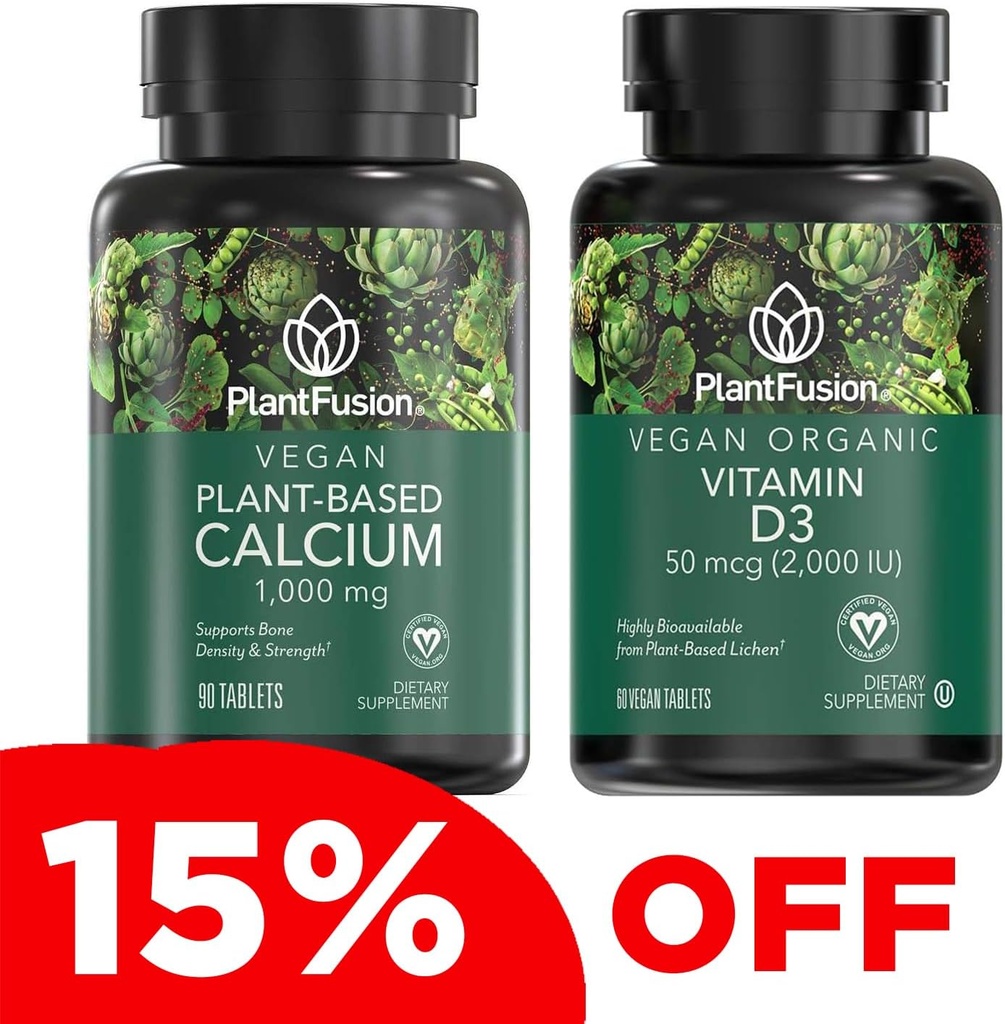 PlantFusion Vegan Calcium & D3 Bundle - Premium Plant Based Calcium 1000 mg ja D3 2000IU Lisäravinteet luun kasvua, tiheys, ja vahvuus ja immuuni tuki