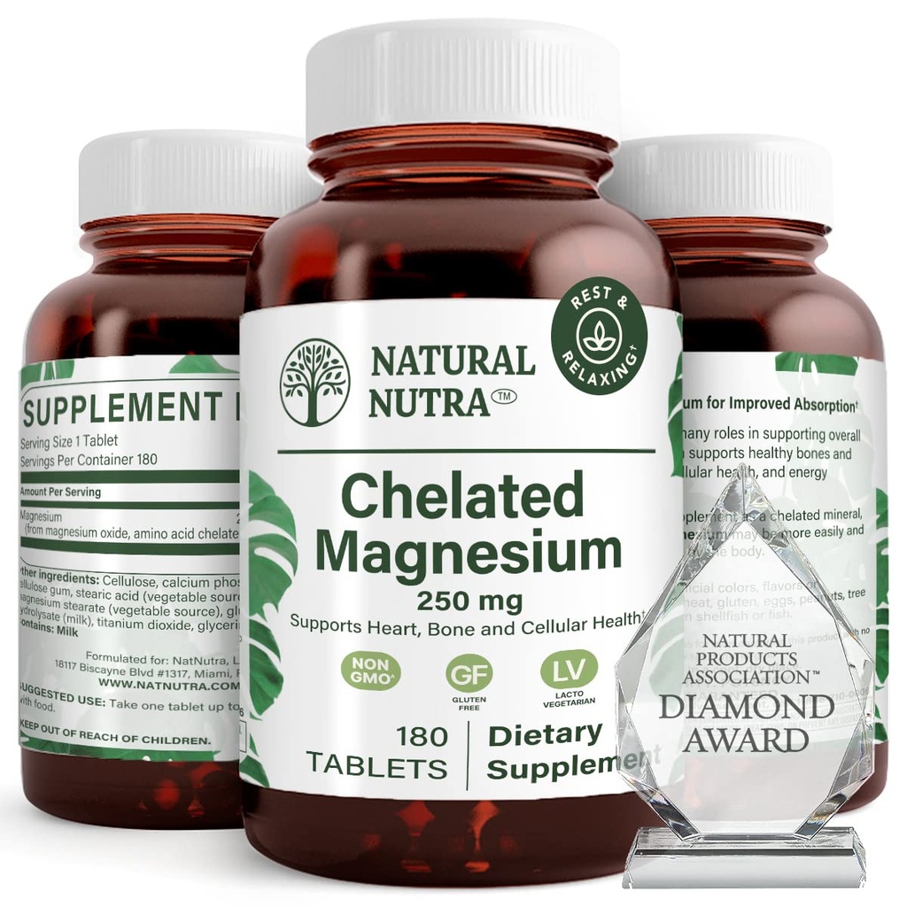 Luonnollinen Nutra kelated magnesiumoksidi 250 mg - voimakas imeytyminen vahvoihin luuihin, sydänterveyteen, hampaiden terveyteen, energiaan Boost, gluteeniton, ei-GMO, 180 tablettia BPA-vapaissa lasipulloissa