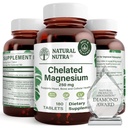Natural Nutra Chelated Magnesium Oxide 250 mg - Hög absorption för starka ben, hjärthälsa, tandhälsa, energiboost, glutenfri, icke-GMO, 180 tabletter i BPA-fri återvinningsbara glasflaskor
