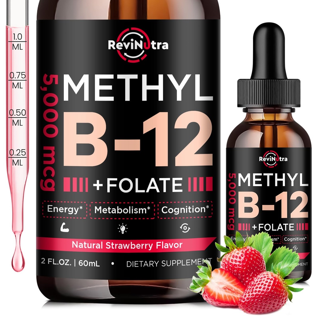Vitamin B12 flytande droppar, B12 vitaminer 5000 mcg, vitamin B-komplex tillskott med Methylcobalamin B12 sublingual, vitamin B6, folat för energi, hjärna, hjärthälsa, vegansk jordgubbs smak 2 Fl Oz