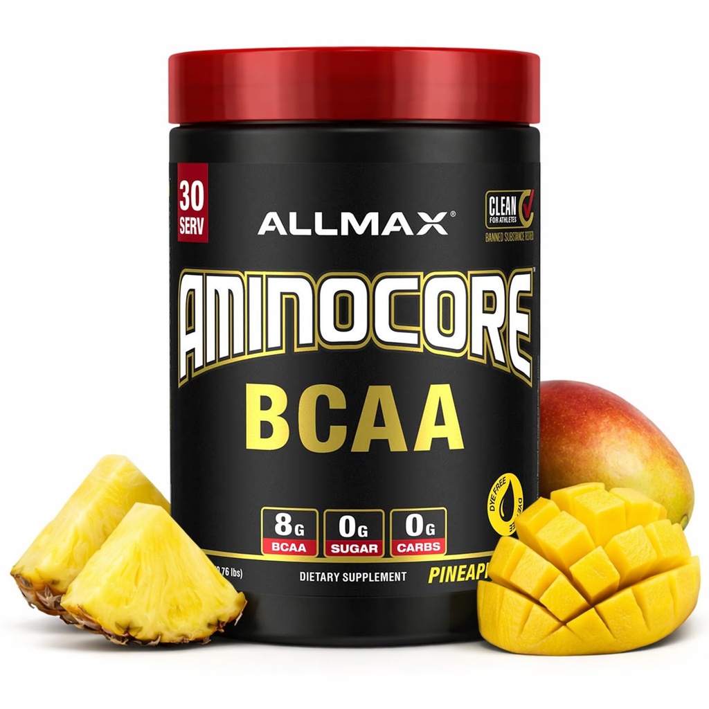 ALLMAX Nutrition AMINOCORE BCAA Powder, 8.18 Grams of amino acids, Intra ja post Treout Recovery Drink, Gluteeniton, Ananas Mango, 315 g