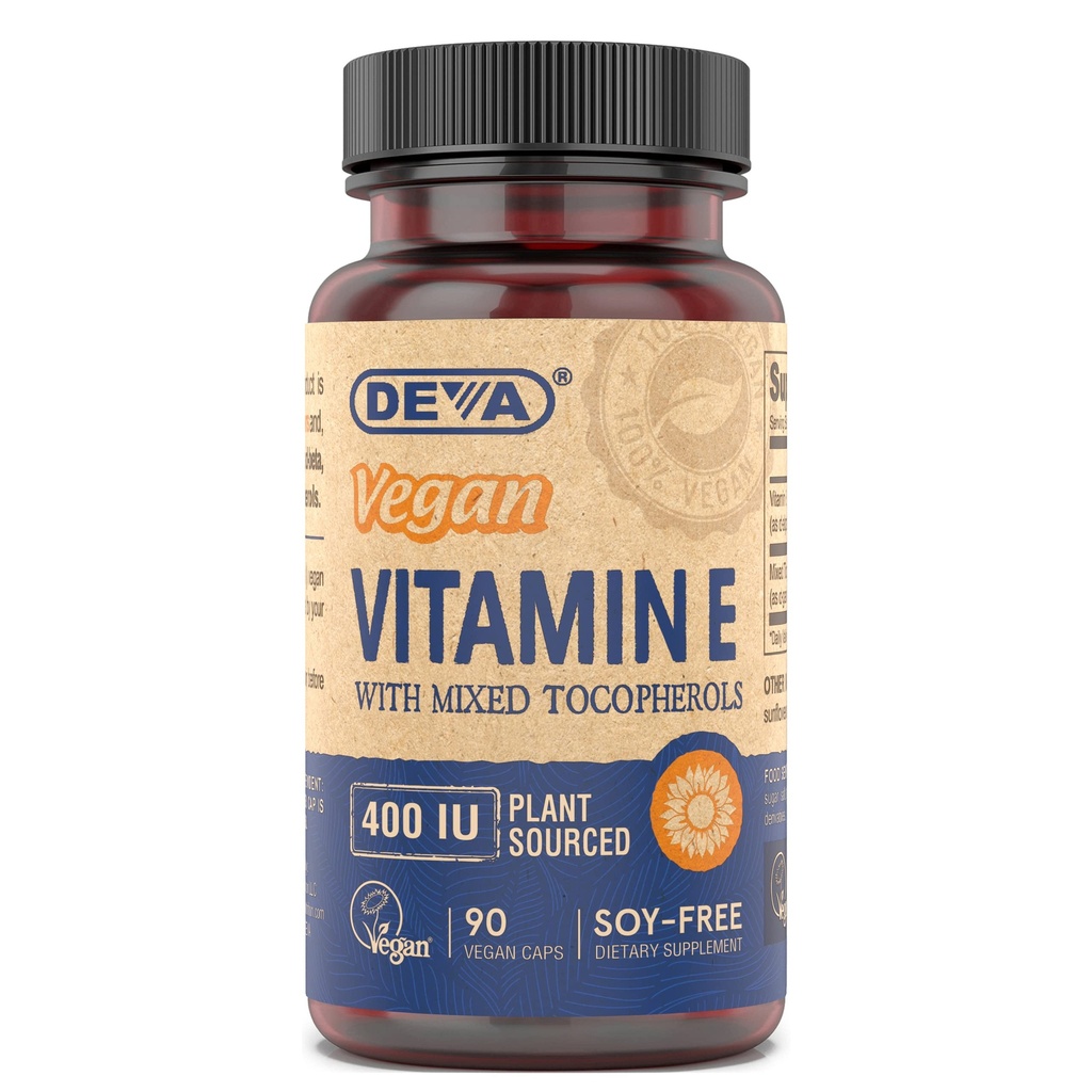 DEVA Vegan Vitamins Natural Vitamin E 400IU med blandade tokoferoler, stöder immunsystem och hudnäring, naturlig antioxidant och glutenfri, mejerifri, icke-GMO, 90 kapslar