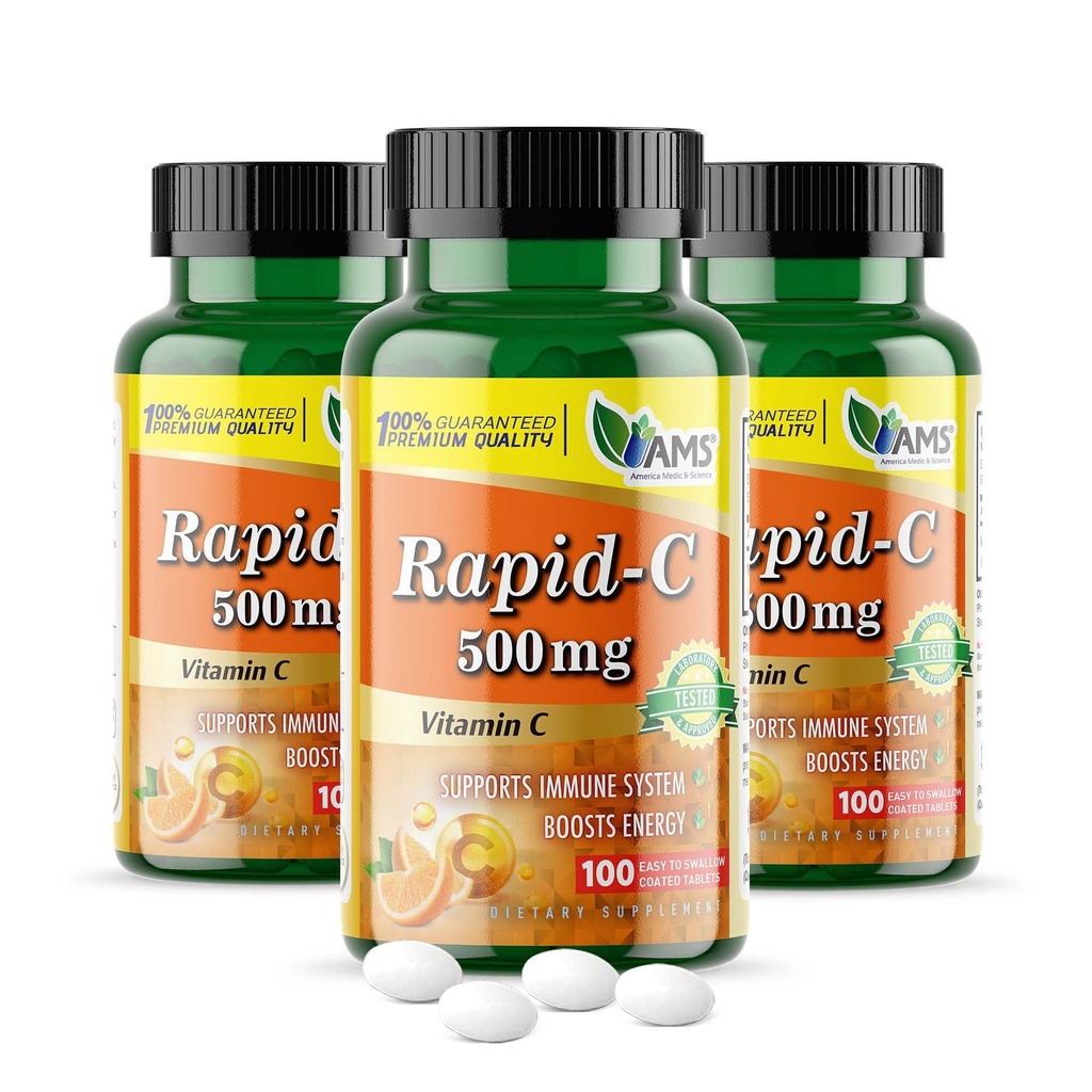 America Medic & Science Rapid-C 500 mg C-vitamiinin täydennysosa (3 pakkaus 100 tablettia) Energy Booster, Päivittäinen immuunijärjestelmän tuki, antioksidantti Vegaani, ei-GMO päällystetty askorbiinihappo aikuisille ja naisille
