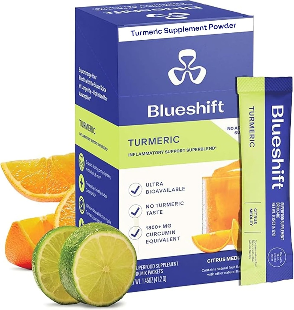 Blueshift Turmeric Citrus Medley - gurkmeja pulver paket för vatten, gurkmeja Curcumin Supplement, ingen sockerdryck Mix för naturlig återhämtningssupport - Citrus smak, pulversticks (10 Pack)