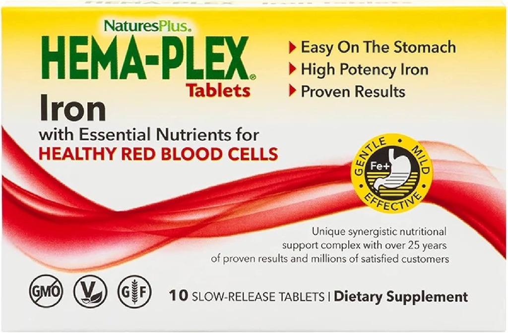 NaturesPlus Hema-Plex Iron - 10 långsam frisättning tabletter - 85 mg järn - Total blodhälsa - med vitamin C & Bioflavonoider - Vegan, Gluten Free - 10 portioner