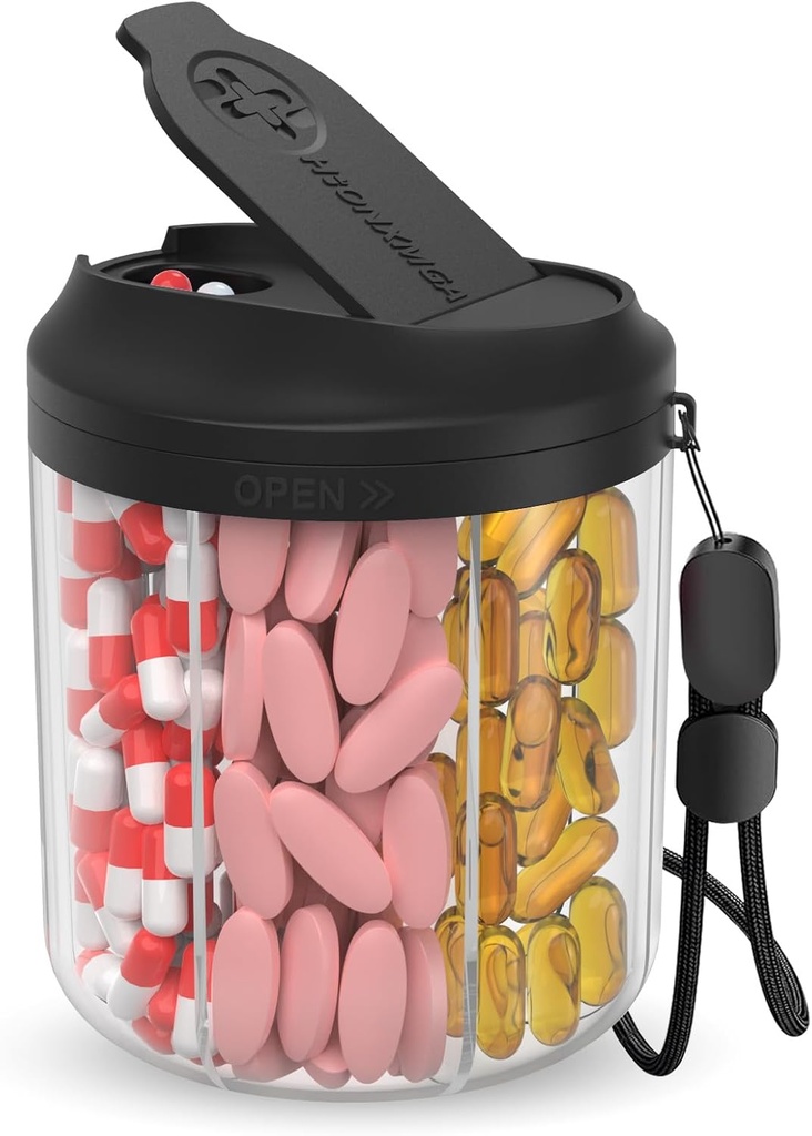 Pill Dispenser 7 Suuret Osastot, Pill Bottle Organizer 4,4" H x 3,6" Dia for Travel, Supplement Organizer anti-Mixing Design, BPA-free Pill Container 20 kpl Labels, musta