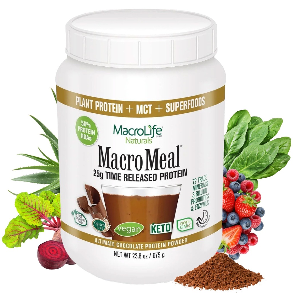 MacroLife Naturals MacroMeal Vegan Chocolate Protein Powder Superfood Greens Probiootit + Kuitu, Immuuni-energia Ruoansulatus Daily Essentials naisille ja miehille Gluteeniton - 23.8oz (15 tarjoilua) Suklaa
