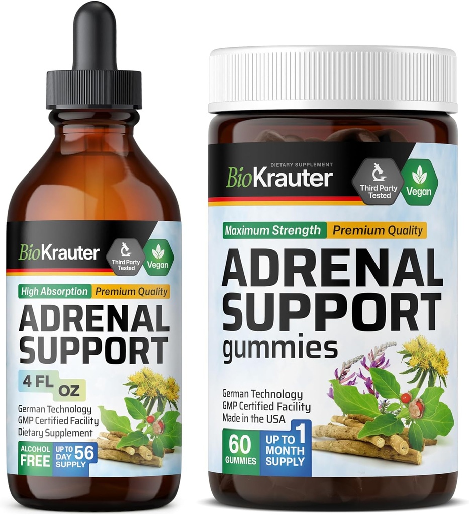 BIO KRAUTER lisämunuaistuki 60 Gummies & Adrenal Tuki Tincture 4 Fl. Oz.