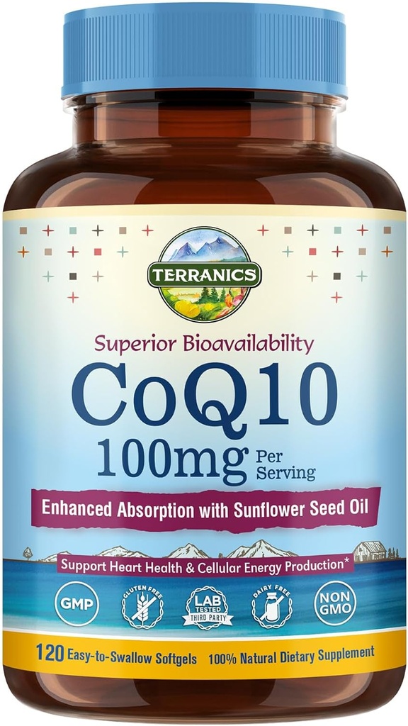 Terranics CoQ10 100mg, 120 Softgels, imeytyminen ekstraneitsytoliiviöljyllä, Heart Health & Energy Production