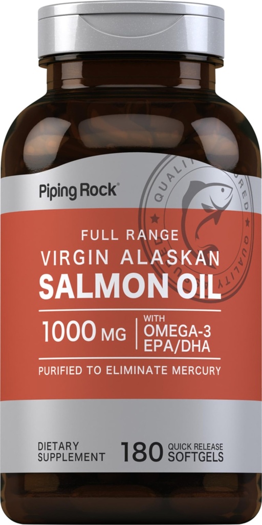 Piping Rock Wild Alaskan Salmon Fish Oil | 1000mg | 180 Softgels | Tillskott för människor | Omega-3, EPA och DHA | Non-GMO och Gluten Free