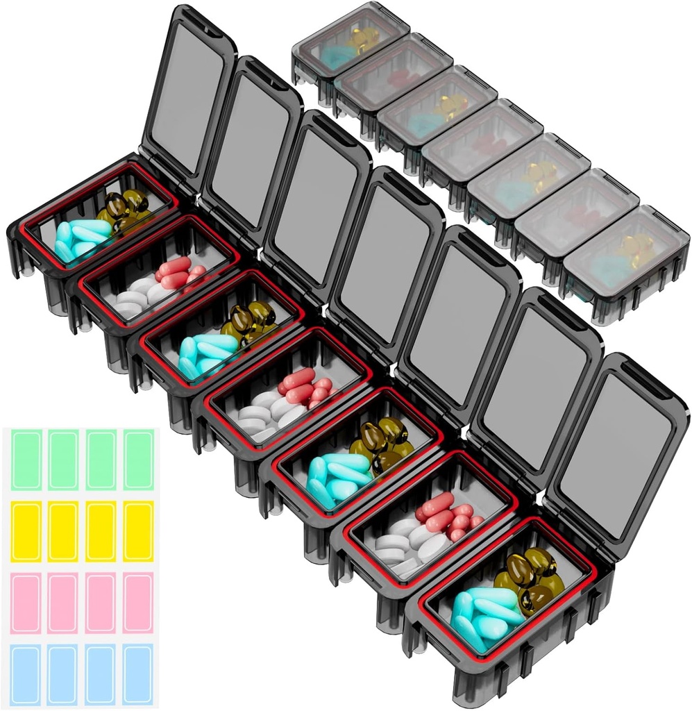 Restree Weekly Pill Organizer, 7 osastoa Kannettava pillerilaatikko One Time a Day, Kosteus-Proof matka pilleri tapauksessa, pilleri säilytyslaatikko vitamiini, lääke, kalaöljy / täydentää (musta)