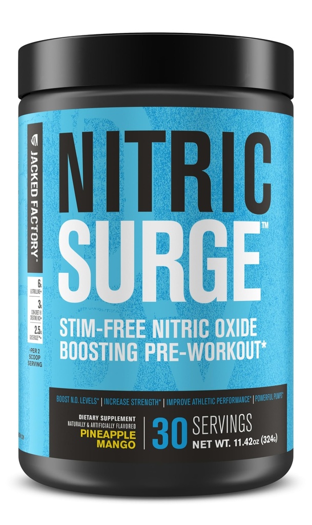 Jacked Factory Nitric Surge Stim Free Pre Workout Powder - Caffeine-Free Nitric Oxide Supplement w / Con-Cret Creatine, L Citrulline och GlycerSize Glycerol - Pineapple Mango, 30 portioner