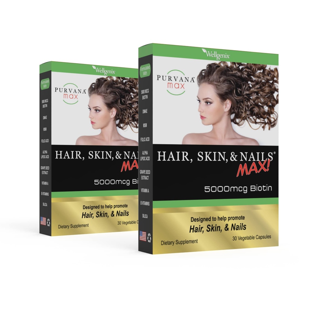 Purvana Max Hair, Skin och Nails Vitamin - 5000mcg Biotin, Folic Acid, DMAE, Grape Seed Extract - En dag Vegan Hair, Skin, Nails Support - Främjar Collagen Production - 30 Caps (Pack of 2)