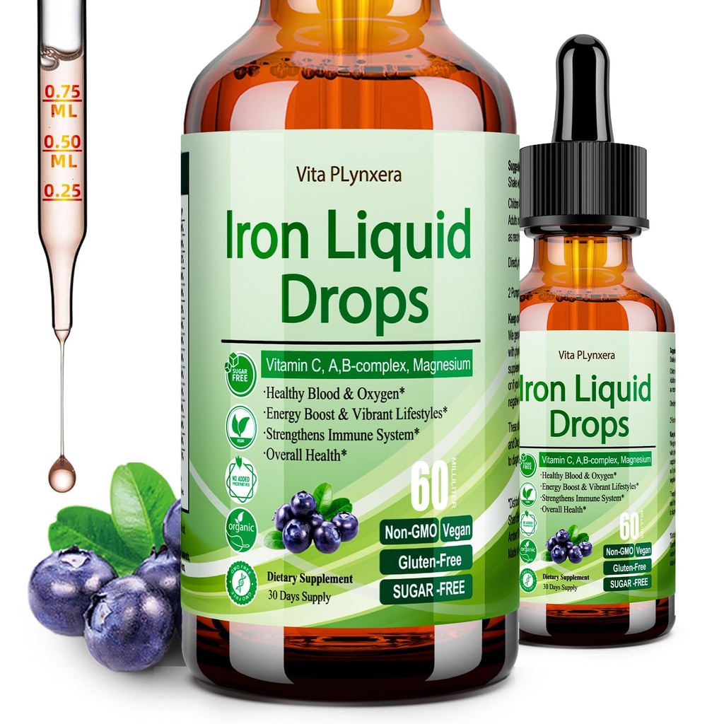 Liquid Iron Supplement for Women & Kids, Vegan Iron Drops with C-vitamiini D, B12, B-Complex, High Potency Liquid with Multivitamiini for Anemia, Energy Support, Blood, Magnesium Gentle