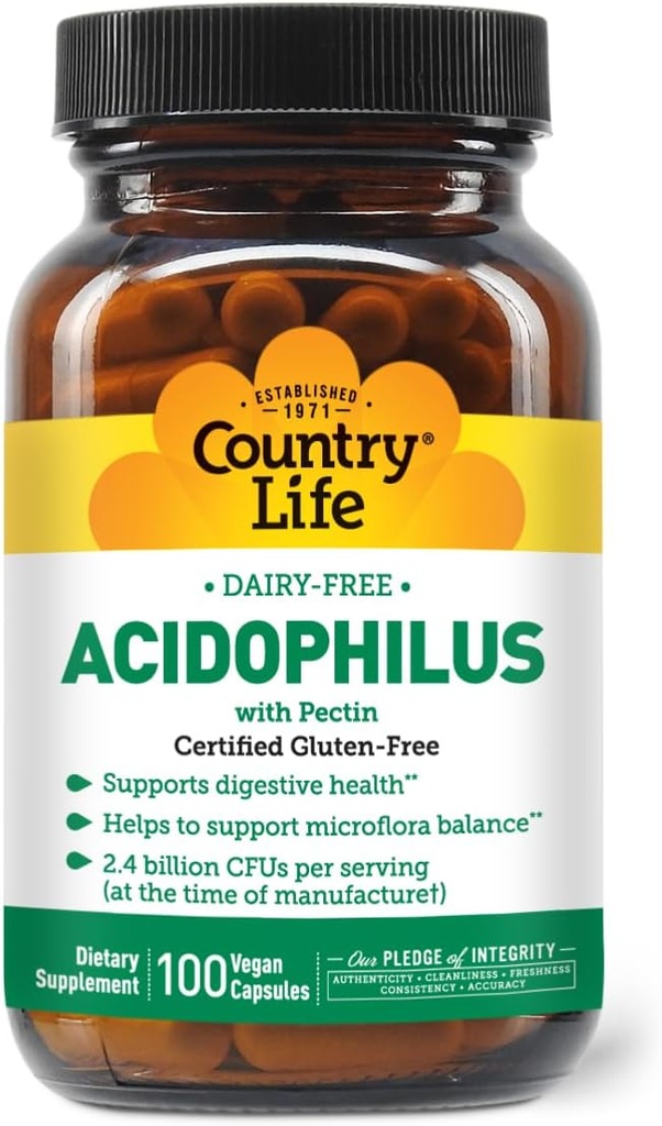 Country Life Acidophilus Probiotic Supplement för kvinnor och män - fri från gemensamma allergener - 2,4 miljarder CFU för att stödja Digestive Health - Dairy-Free, Non-GMO, 100 Vegan kapslar