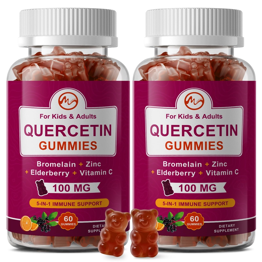 (2 Pack) Quercetin Gummies med Bromelain, Elderberry, Zink och Vitamin C - Chewable Quercetin 700mg Supplement för immunitet, allergi, åldrande stöd - Vegan Gummies för vuxen och barn