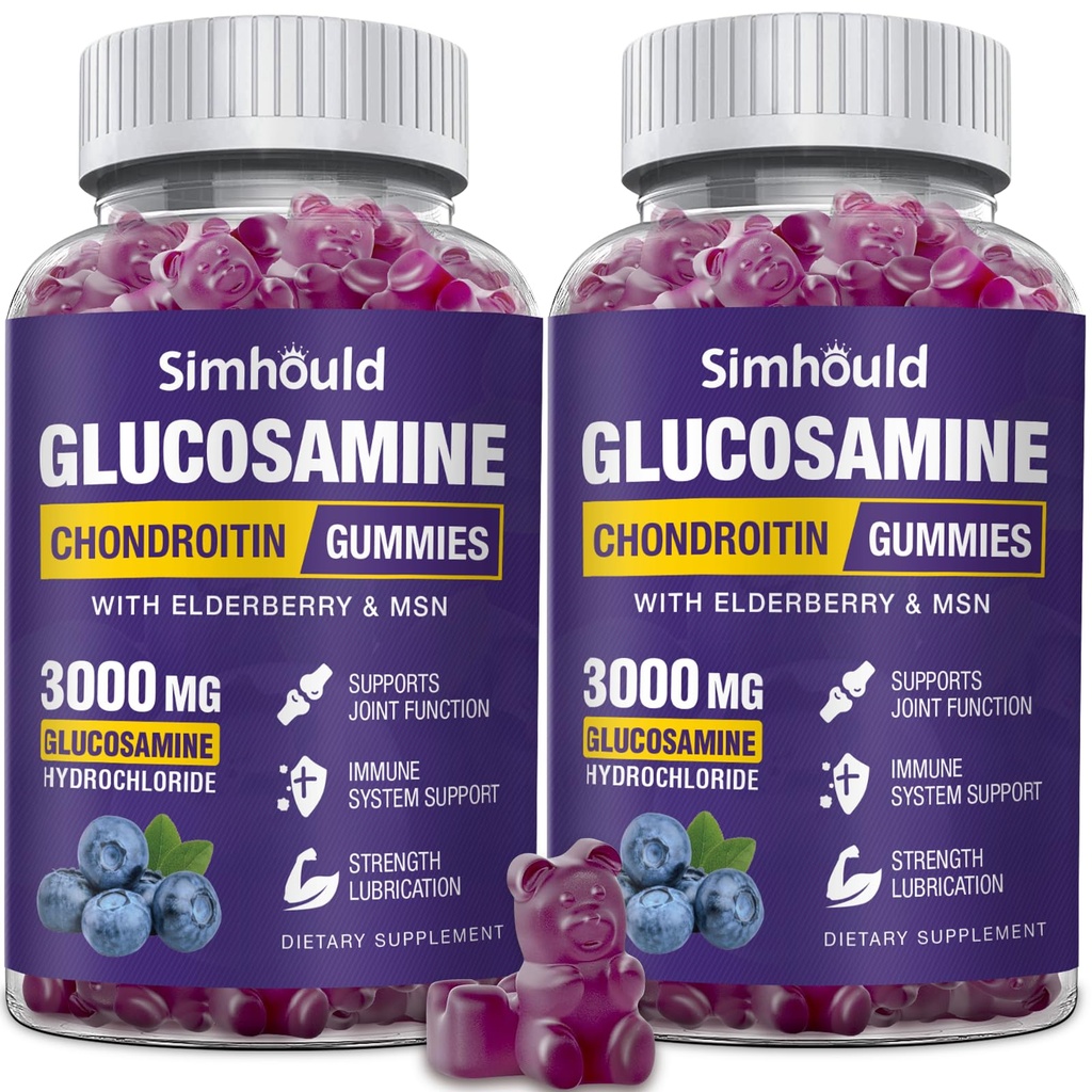 2 pakkausta Glukosamiini Chondroitin Gummies - 3000MG Extra Strength Yhteinen tuki täydentää MSM & Elderberry, Joustavuus, antioksidantti Immuuni tuki Gummy aikuisille, miehet & naiset