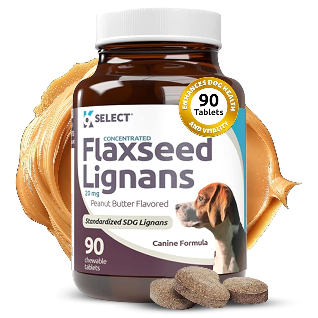 K9 Välj koncentrerad linfrö Lignans för hundar, 20mg 90 tabletter, jordnötssmör smaksatt tuggbar, impove Coat