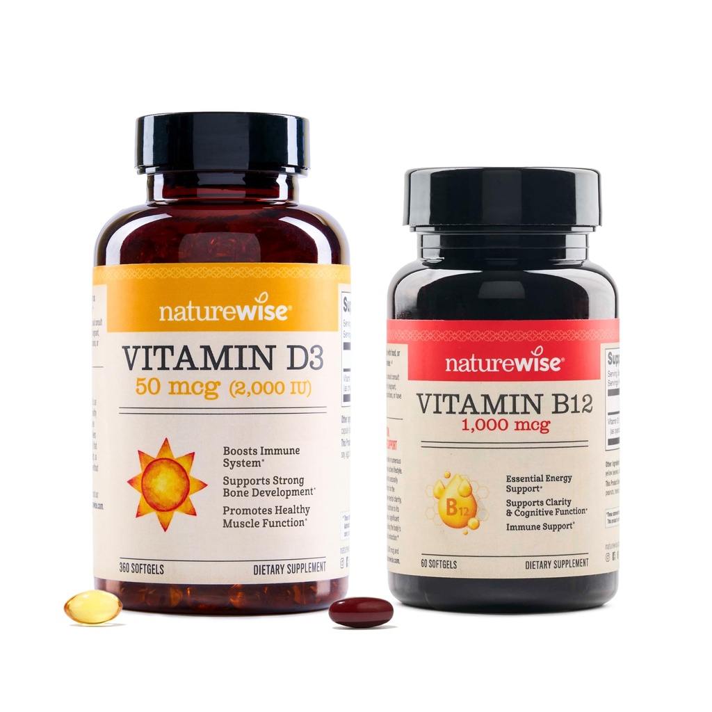 NatureWise D3 2000iu 360 Count ja B12-vitamiini 1000 mcg 60 Softgels for Energy, Immuunituki ja terve lihasfunktio