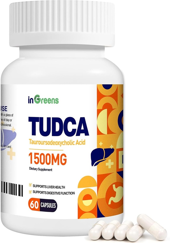 Puhdasta TUDCA-lisäainetta 1500 mg, korkeaa puhdasta Tauroursodeoksikoolia Acid Bile -suolaa, maksan tukea maksan puhdistukseen ja korjaukseen, non GMO, helppo niellä, valmistettu Yhdysvalloissa, 60 kapselia