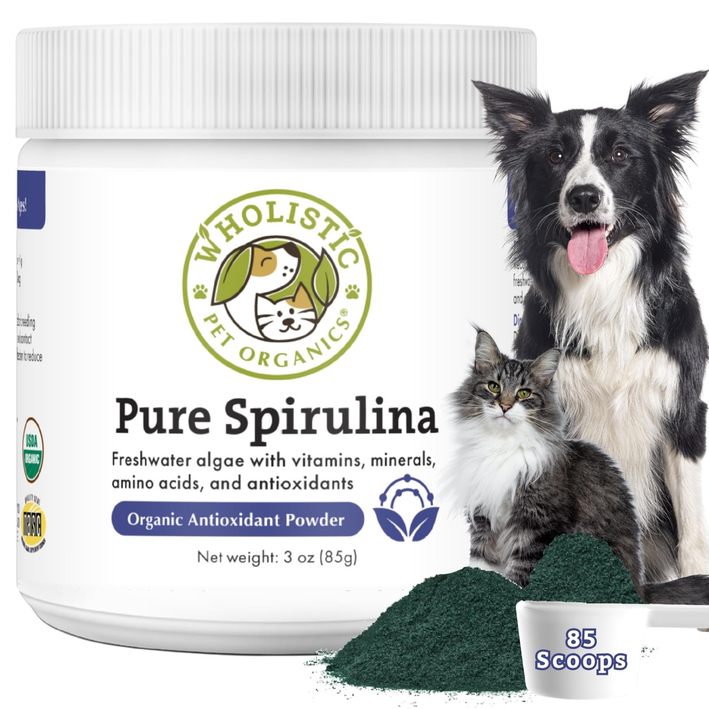 Whoulinal Pet Organics Spirulina for Dogs - 3 Oz - Tukee Tervettä Immune System & Seasonal Allergia - Kasvipohjainen antioksidantti tuki kotiruoalle - Organic Dog Food Topper - Freshly Made in USA