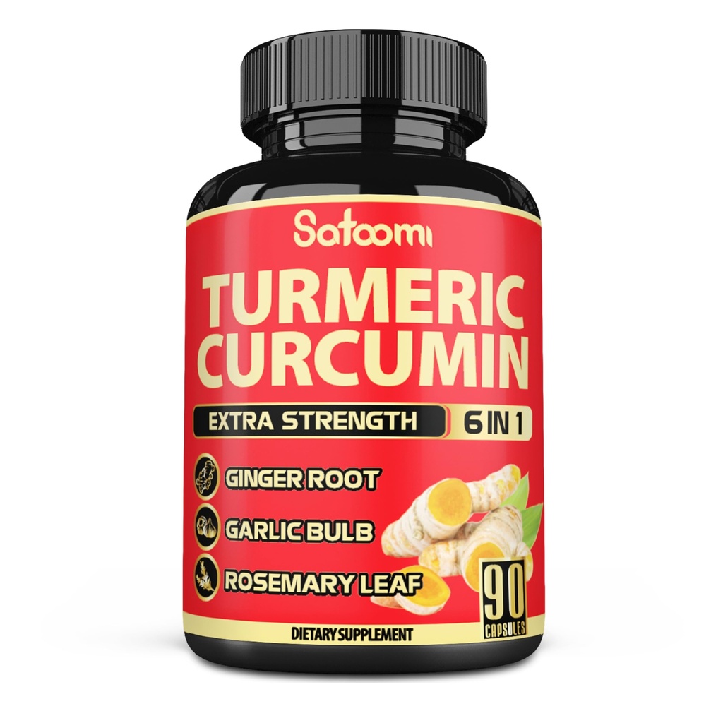 Satoomi 6in1 Turmeric Curcumin Supplement - 3 månaders leverans - 95% Curcuminoids med Ginger Root, Garlic Bulb, Rosemary & Black Pepper - 90 kapslar
