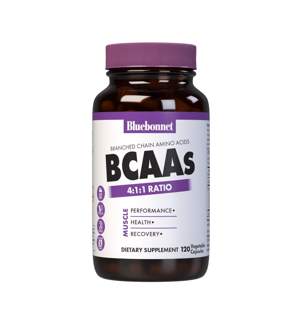 Bluebonnet Nutrition BCAAs 4:1:1 Ratio, Muscle Performance*, Muscle Health *, Muscle Repair *, Non-GMO, Vegan, Kosher Certified, Gluten-Free, Soy-Free, Dairy-Free, 120 Vegetabiliska kapslar, 30 portioner