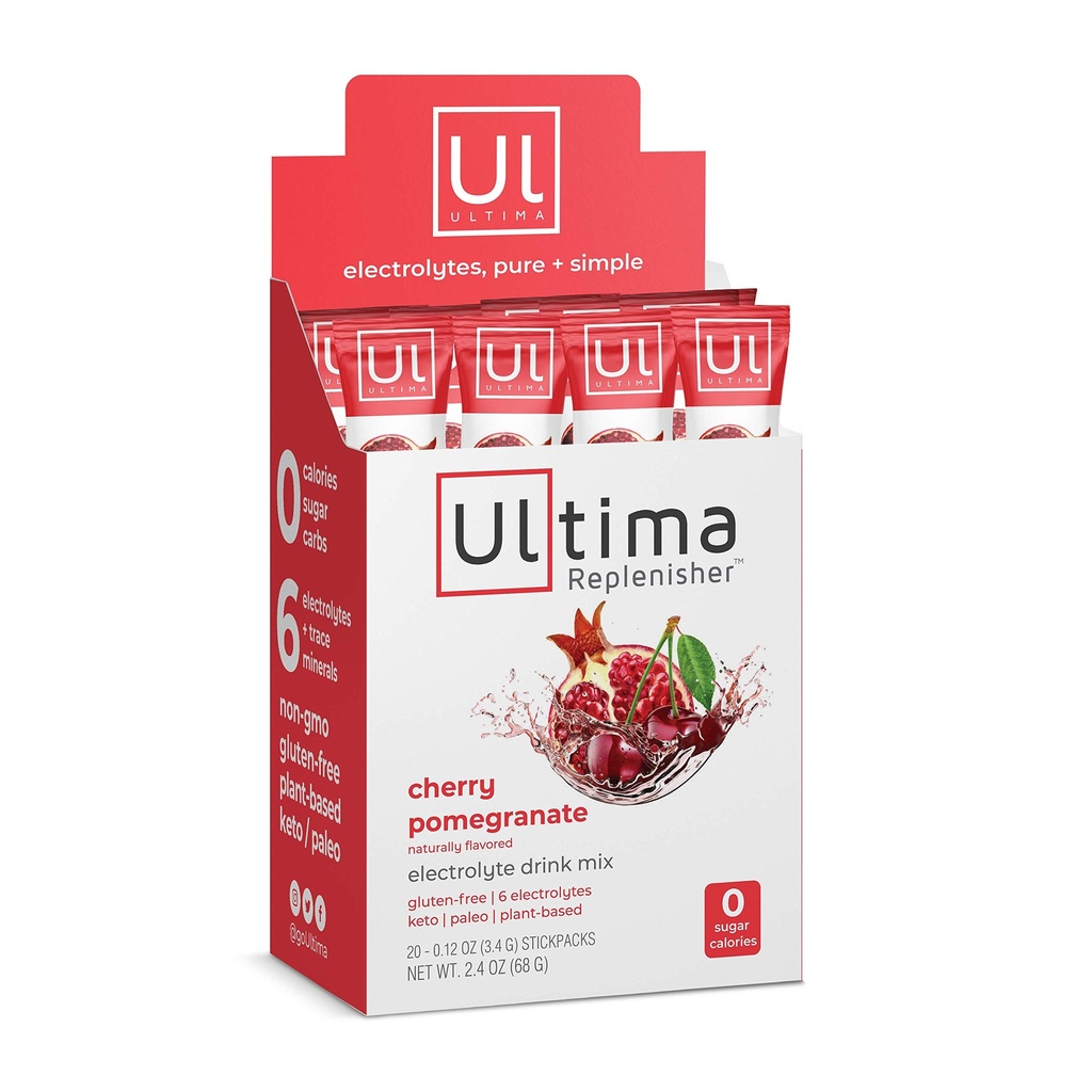 Ultima Replenisher Electrolyte Hydration Drink Mix, Cherry Pomegranate, 20 Servering Stickpack Box, ingen socker, inga kolhydrater, inga kalorier, Keto, Gluten-Free, Non-GMO, Vegan