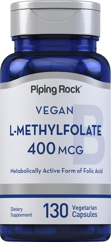 Piping Rock L MethylFolate Supplement | 400 mcg | 130 kapslar | Vegetarian, Vegan | Non-GMO, Gluten Free