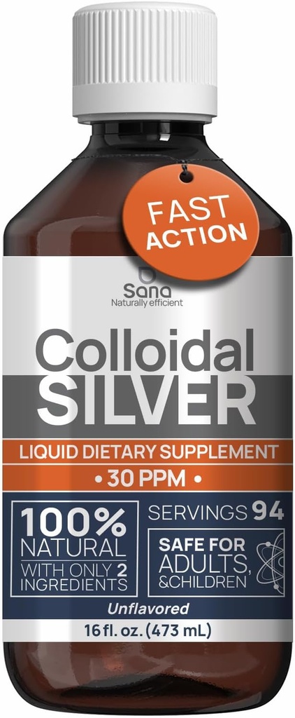 Kolloidinen Silver Liquid 16 fl oz 30 PPM - Bioaktiivinen Hydrosol Silver Water - Natural Immune Support Nano Sol Supplement Solution - Ionic Minerals - Organic jäsennelty hopea