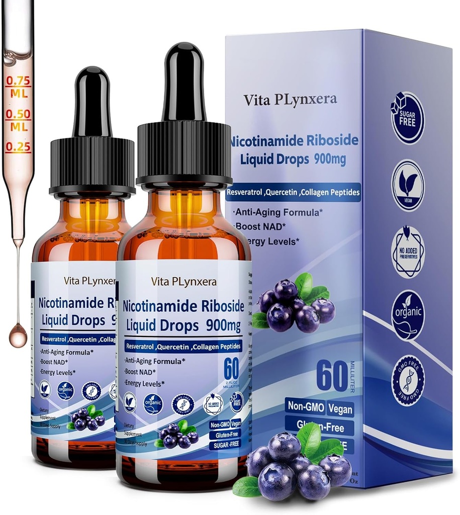 2 pakkaus NAD-lisät naisille ja miehille, NAD Nikotinamidi Riboside Resveratrol 900 mg & Quercetin, Niacin, Collagen, Biotin, Liquid NAD Plus -lisä NR900 anti-aging Skin Energy Longevity Focus
