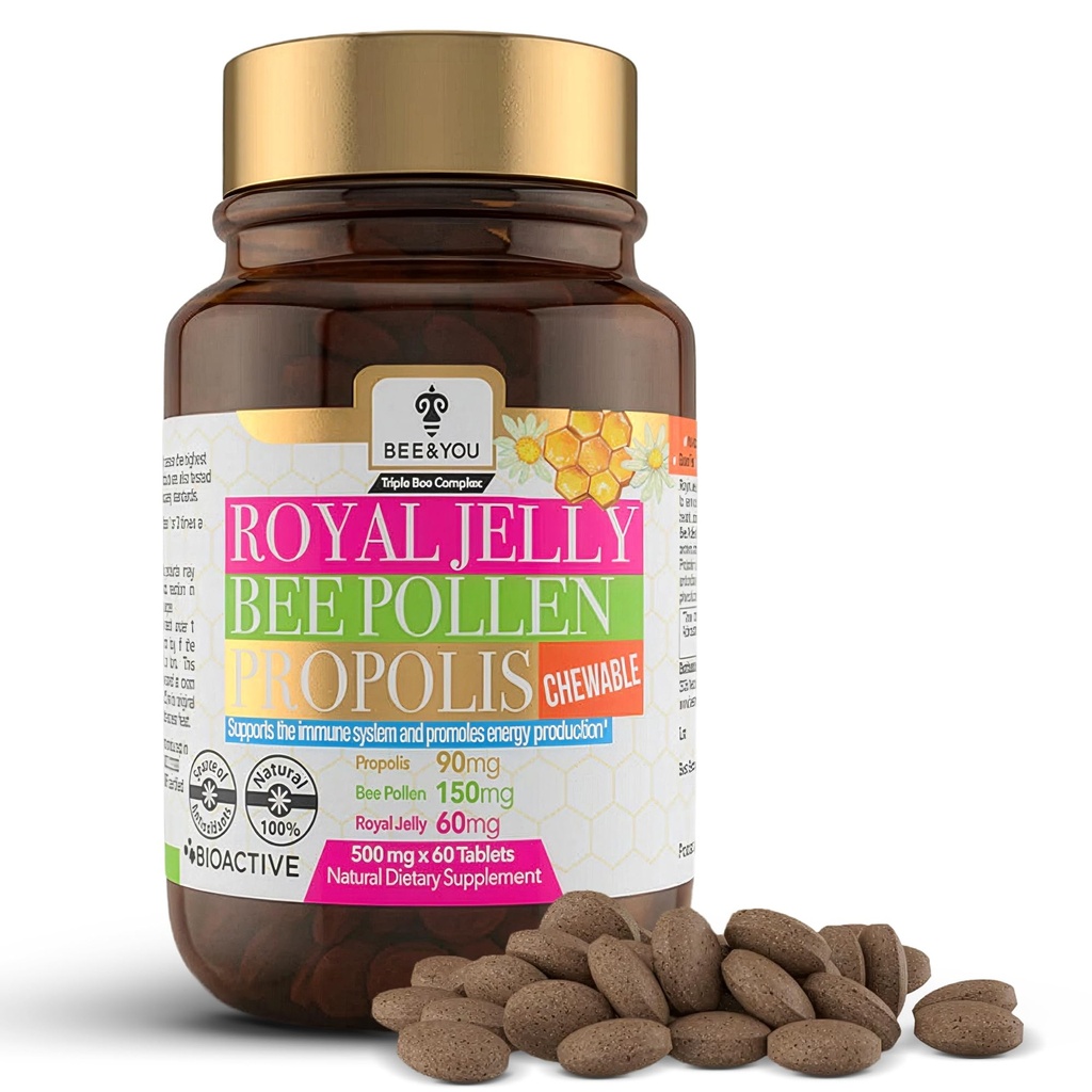 BEE ja You Royal Jelly + Propolis + Bee Pollen Pureskeltavat tabletit - Korkea teho - Ei keinotekoista makua / säilöntäaineita - Ei lisättyä sokeria - Ei soijaa / Milk/Gelatiini / GMO / Gluten, 500 mg x 60 tablettia