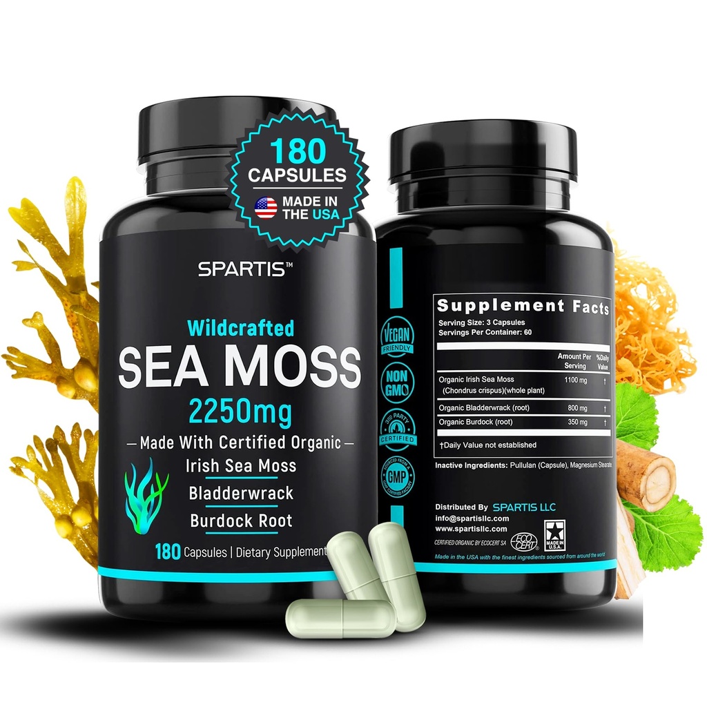 Certifierad organisk Sea Moss Capsules 2250mg Wildcrafted Irish Sea Moss Burdock Root Bladderwrack Supplement Raw Seamoss Pills & Powder (Pack av 1 på 180-Caps)