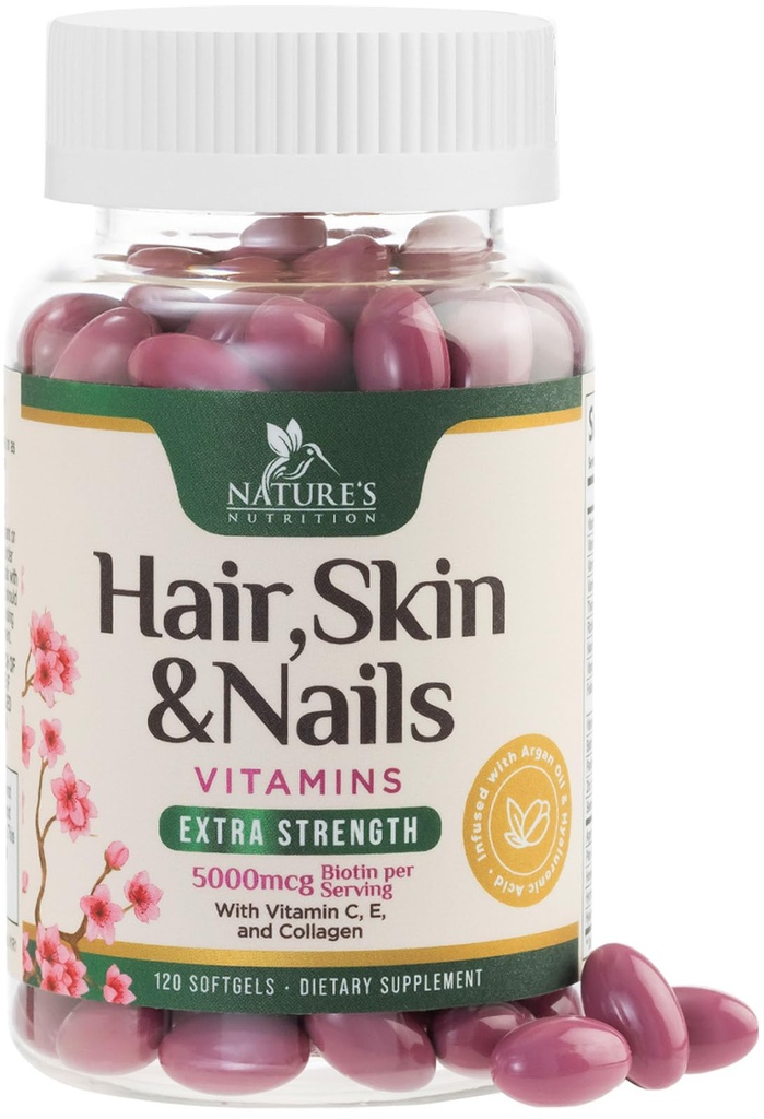 Hiukset, iho & kynnet vitamiinit naisille - Biotiini 5000 mcg tukemaan hiusten kasvua Argan Oil, Kollageeni & Hyaluronic Acid, Kaunis, Vahvempi iho, Hiukset & kynnet Vitamiini täydentää - 120 Softgels
