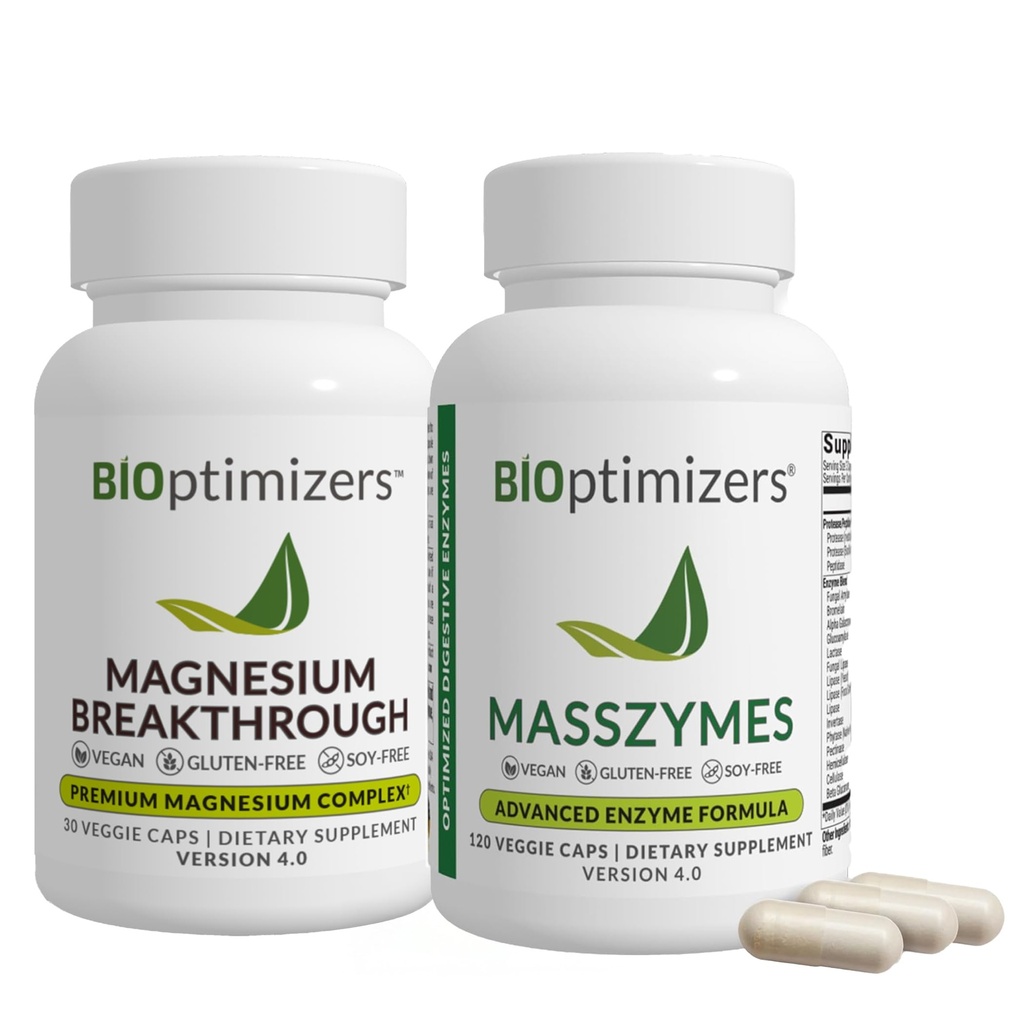 BiOptimizers Magnesium läpimurto 4,0, (30 kapselia) & MassZymes 4.0, (120 kapselia) - luonnollinen uni, aivot, ja digestiivinen terveys tuki täydentää Bundle