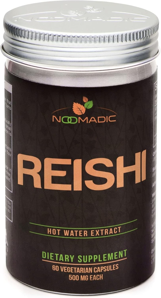 Noomadic Reishi Mushroom, 60 kapslar, 500mg Varje, Allmän Wellness & Longevity, Hot Water Extract, Fruiting Bodies, 30% Beta-D-Glucans
