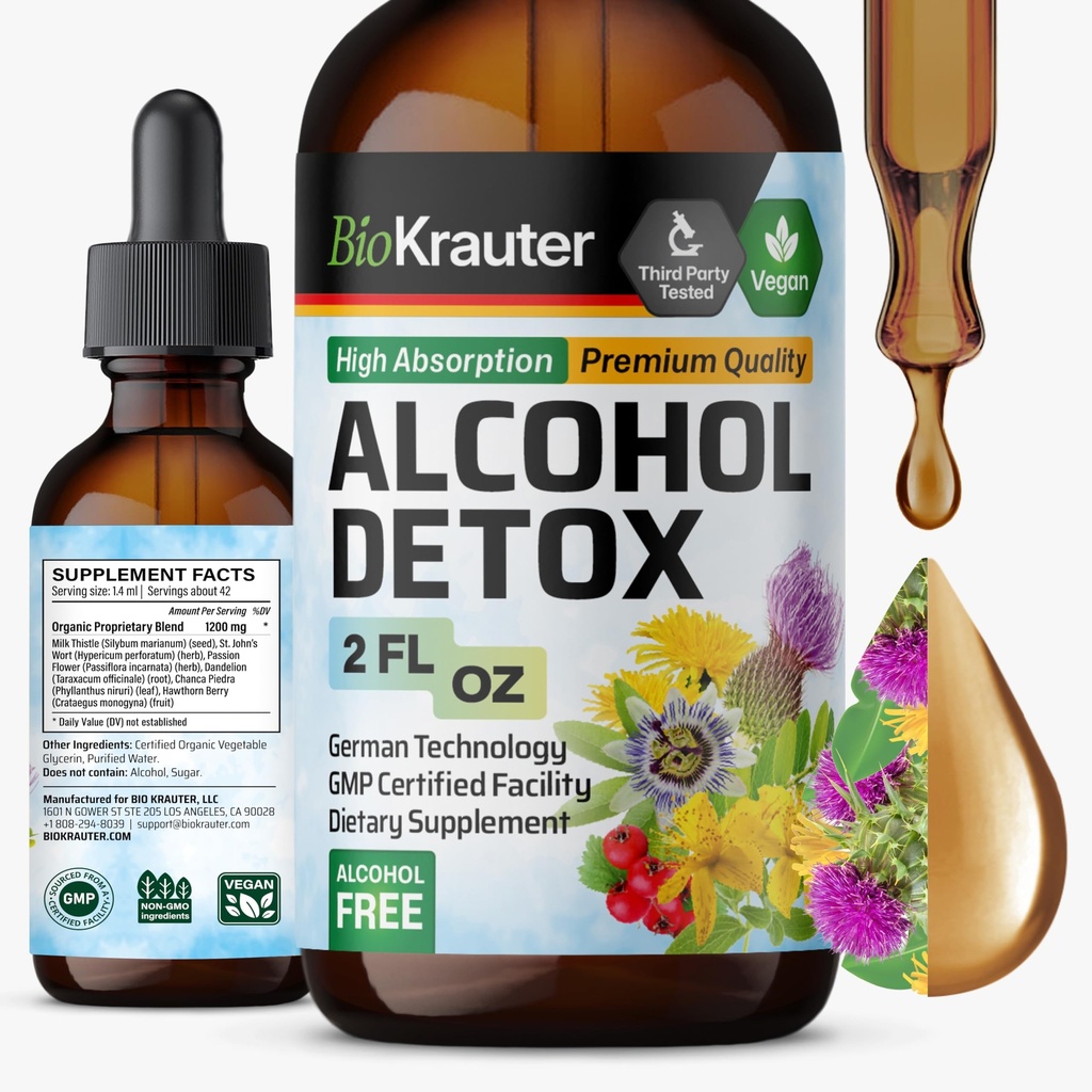 BIO KRAUTER Alcohol Detox Tincture - Liver Cleanse & Detox Formula - Milk Thistle & Voikukka - Liver Support Liquid Extract - Alkoholi ja sokeriton - Vegan Drops 2 Fl.Oz.