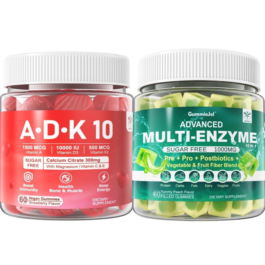 Digestive Enzymes Gummies 1000mg Chewable - Bryt ner mat snabbt, 90 miljarder CFU, probiotisk, postbiotisk, prebiotisk och fiber blend & vitamin ADK Gummies + Calcium Magnesium Zink Supplement