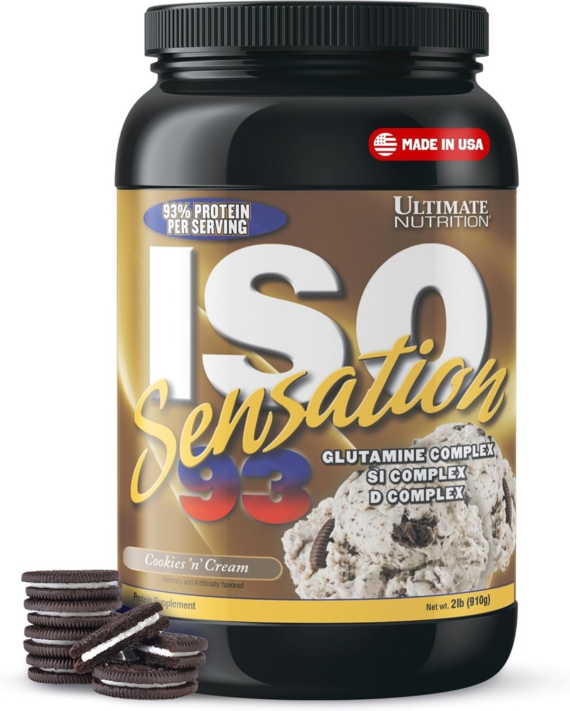 Ultimate Nutrition Whey Protein Isolate Powder with Glutamiini Complex, ISO Sensation 93 - Whey Protein Powder with added Colostrum for Enhanced Recovery, Immuniteetti & Gut Health - Cookies N Cream, 2lbs