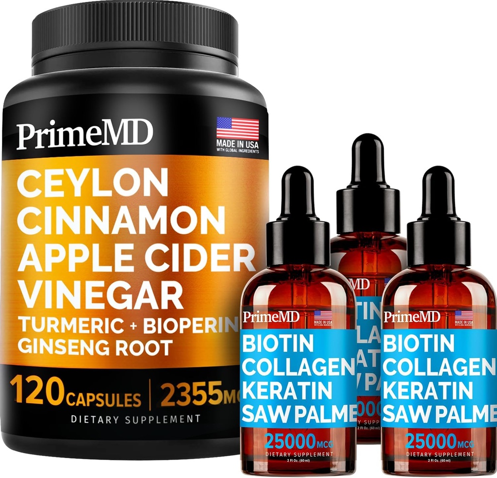 4-in-1 Liquid Biotin Collagen Keratin Saw Palmetto Drops (2 fl oz - 3 Pack) & 5-in-1 Ceylon Cinnamon w Turmeric & Ginseng juuri (120ct) Bundle - hiukset, iho, kynnet, & Immuunituki täydentää