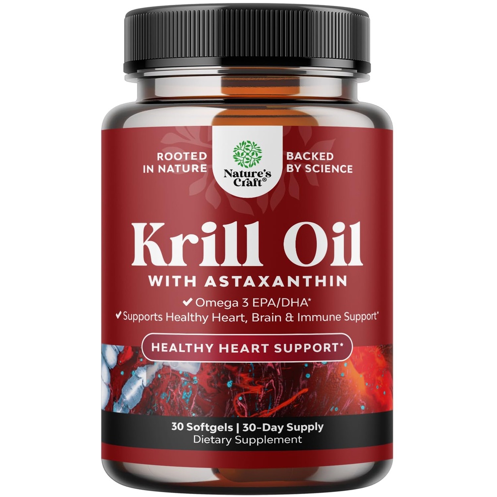 Krill Omega 3 Fish Oil Softgels - voiteluöljy Krill EPA & DHA Fish Oil Omega 3 täydennysosa naisten ja miesten immuunitukea, terve aivojen ja sydämen terveys - Burpless rasvahapot täydentää - 30 kreivi