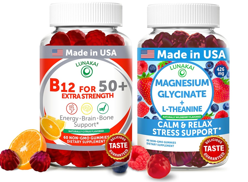 Lunakai USA Made B12 Aikuinen 50+ & Magnesium Glycinate Gummies Bundle, Tukee energiaa, mielialaa, rentoutumista ja stressiä helpottava, ei-GMO, Vegan, 60ct