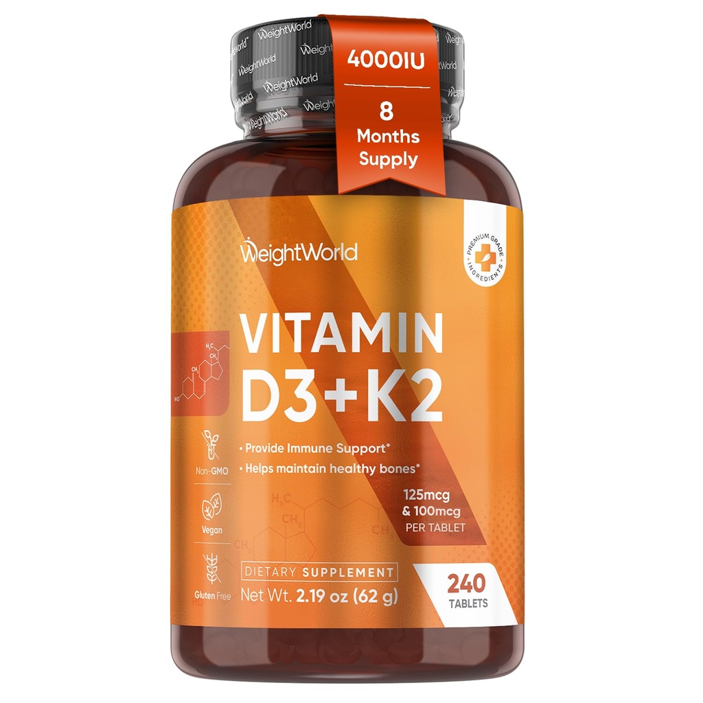 PainoWorld D3-vitamiini 4000 IU + K2 125mcg D3-vitamiinia D3 K2 terveille luuille ja immuunituelle (8 kuukauden toimitus) ... 240 Vegan D3K2 -tablettia.