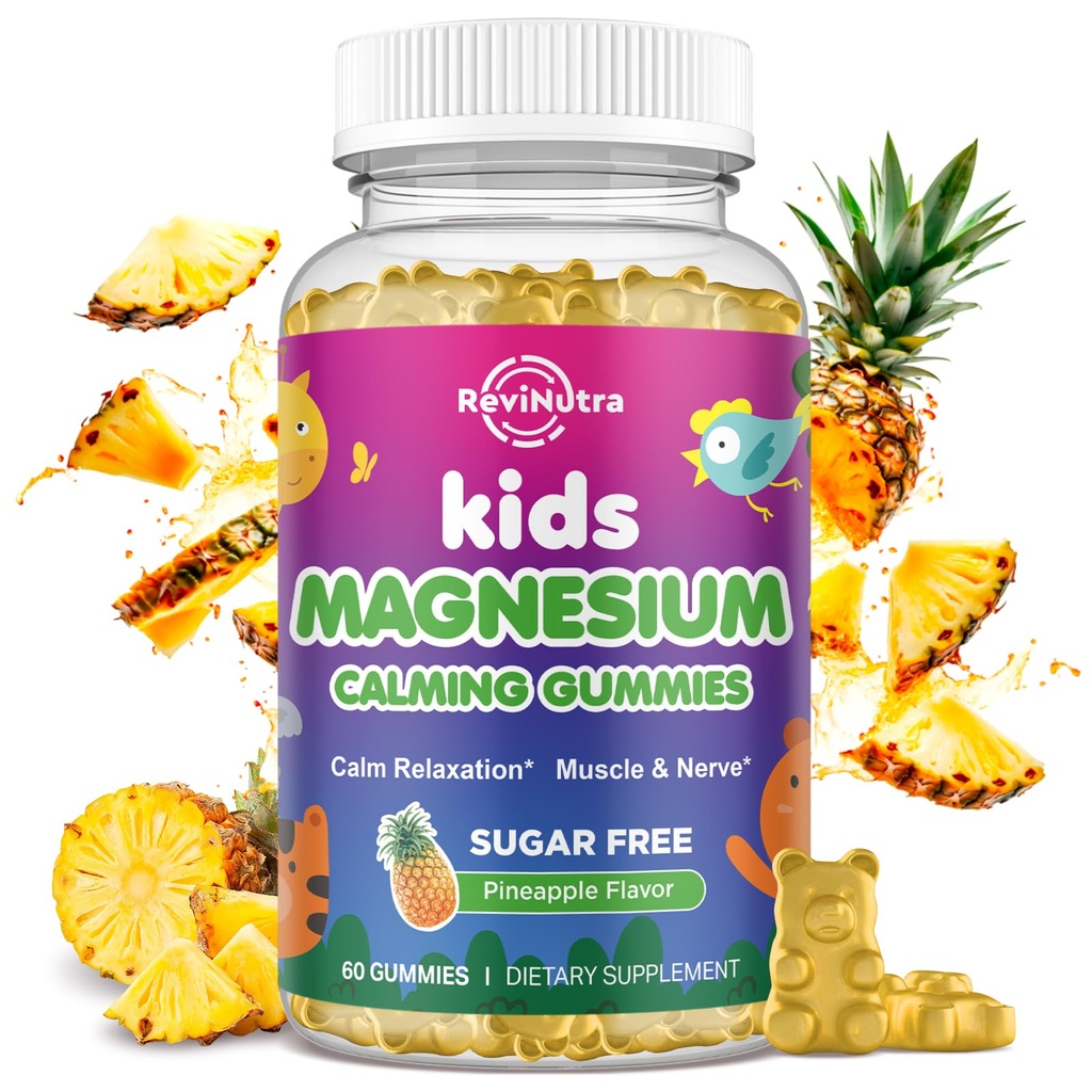 Barn Magnesium Gummies, Magnesium Glycinate Gummies för barn och vuxna med L-Theanine, Chamomile, Licorice, Vitamin D, B6 för sömn, Relaxation, Brain & Muscle, Sugar Free Pineapple 60ct