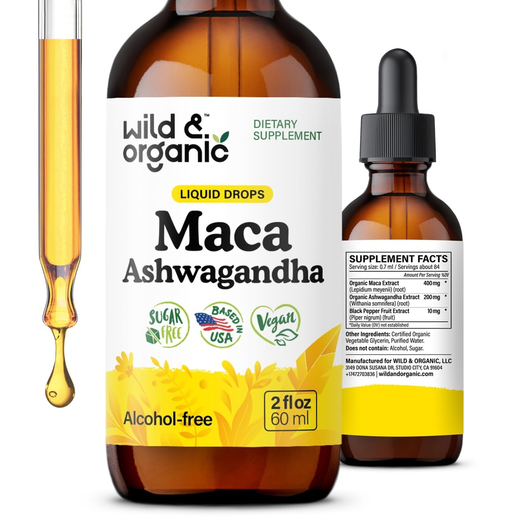 Wild & Organic Maca Ashwagandha Drops for Miehet ja naiset - Perun Maca Root ja Ashwagandha Tincture for Overall Support - Vegaani, Sokeri & Alkoholiton uute täydennysosa - 2 fl oz